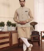 Beige cotton silk nehru jacket set