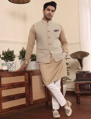 Beige cotton silk nehru jacket set 2
