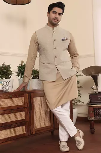 Beige cotton silk nehru jacket set