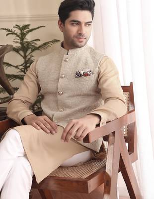 Beige cotton silk nehru jacket set 3