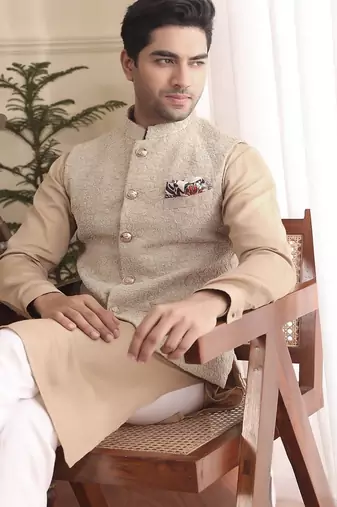Beige cotton silk nehru jacket set