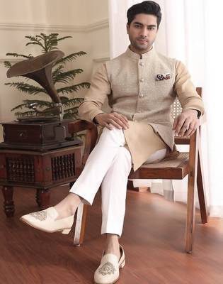 Beige cotton silk nehru jacket set 4