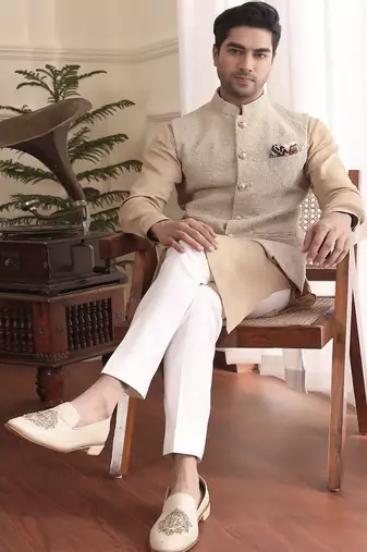 Beige cotton silk nehru jacket set