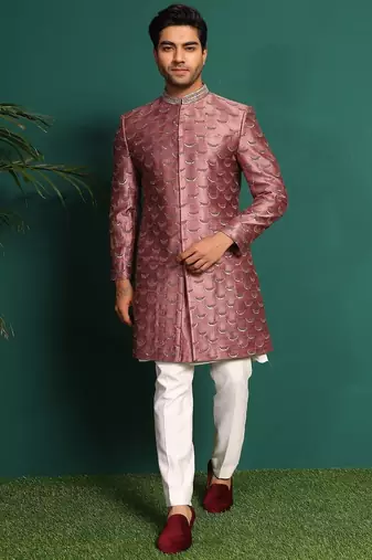 Pink silk embroidered sherwani