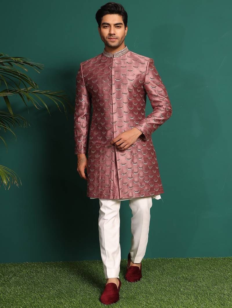 Pink silk embroidered sherwani