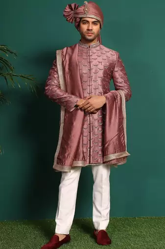 Pink silk embroidered sherwani