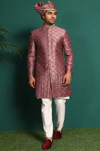 Pink silk embroidered sherwani