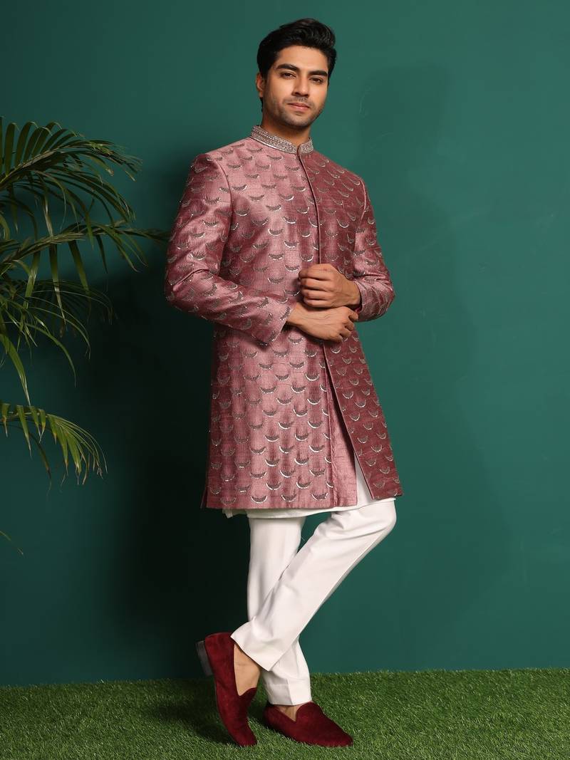 Pink silk embroidered sherwani