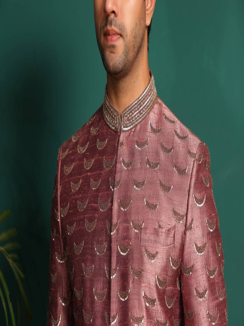 Pink silk embroidered sherwani