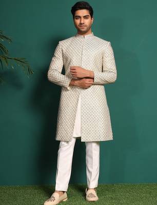 White silk embroidered sherwani 1