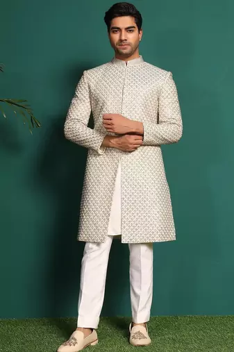 White silk embroidered sherwani