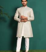 White silk embroidered sherwani