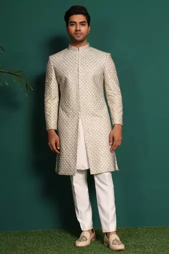 White silk embroidered sherwani