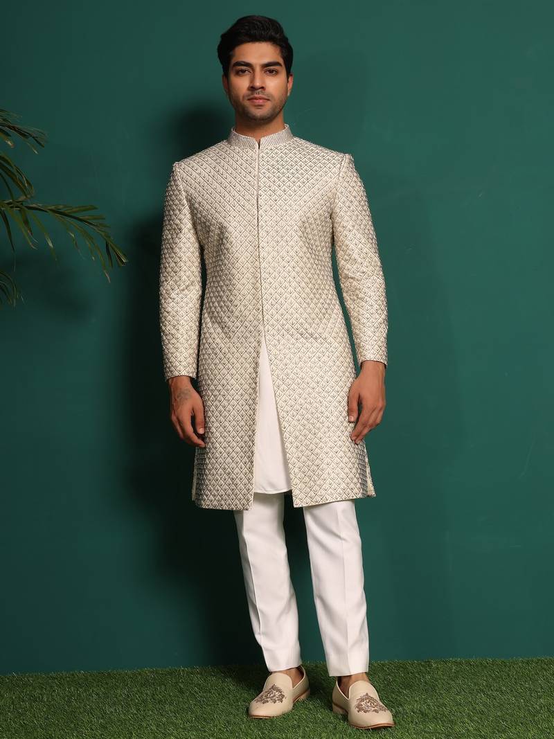 White silk embroidered sherwani