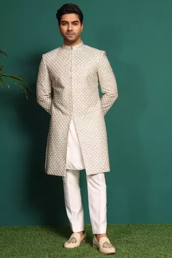 White silk embroidered sherwani