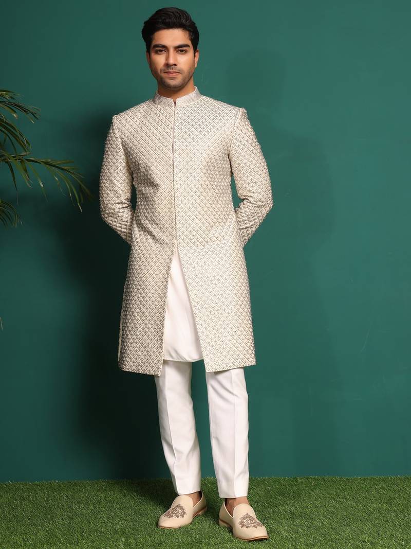 White silk embroidered sherwani