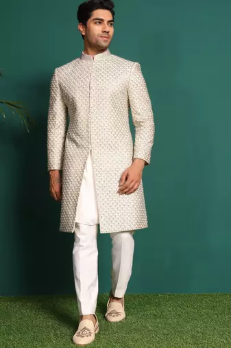 White silk embroidered sherwani
