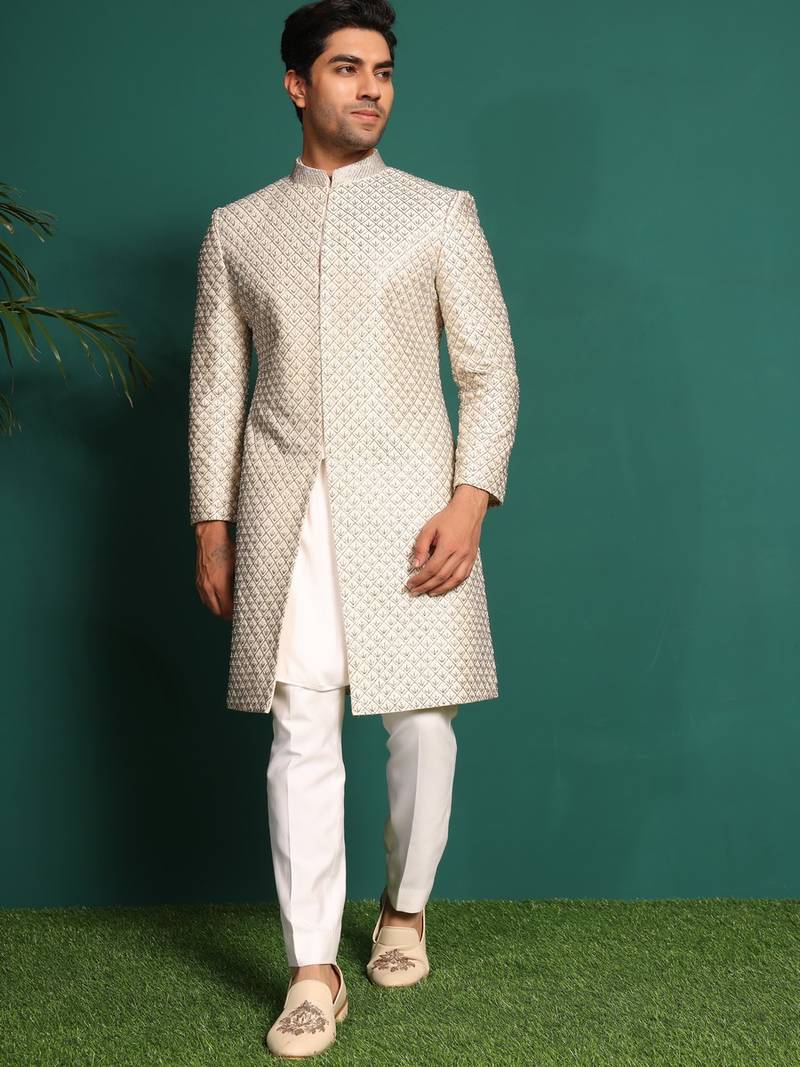 White silk embroidered sherwani