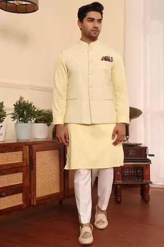 Yellow  cotton silk embroidered nehru jacket set