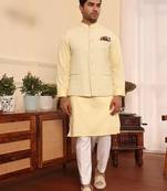 Yellow  cotton silk embroidered nehru jacket set