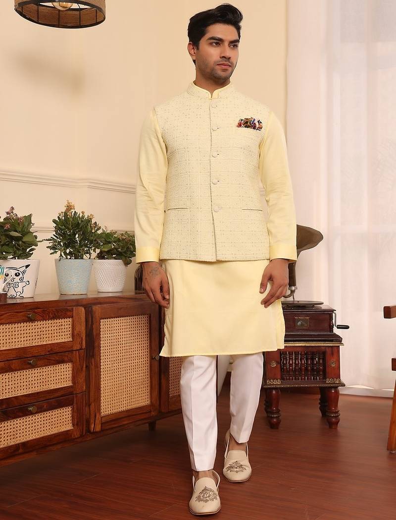 Yellow  cotton silk embroidered nehru jacket set
