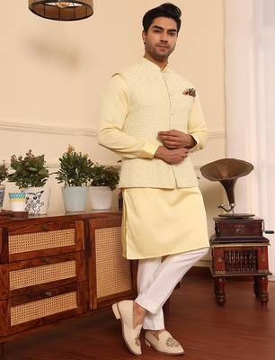 Yellow  cotton silk embroidered nehru jacket set 2