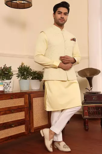 Yellow  cotton silk embroidered nehru jacket set
