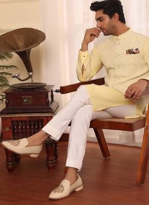Yellow  cotton silk embroidered nehru jacket set 3