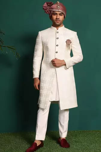 White silk embroidered sherwani