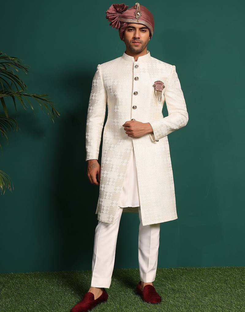 White silk embroidered sherwani