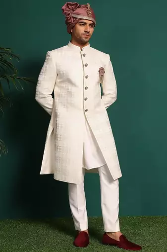 White silk embroidered sherwani