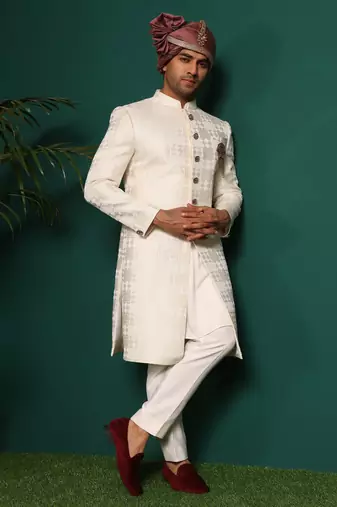 White silk embroidered sherwani