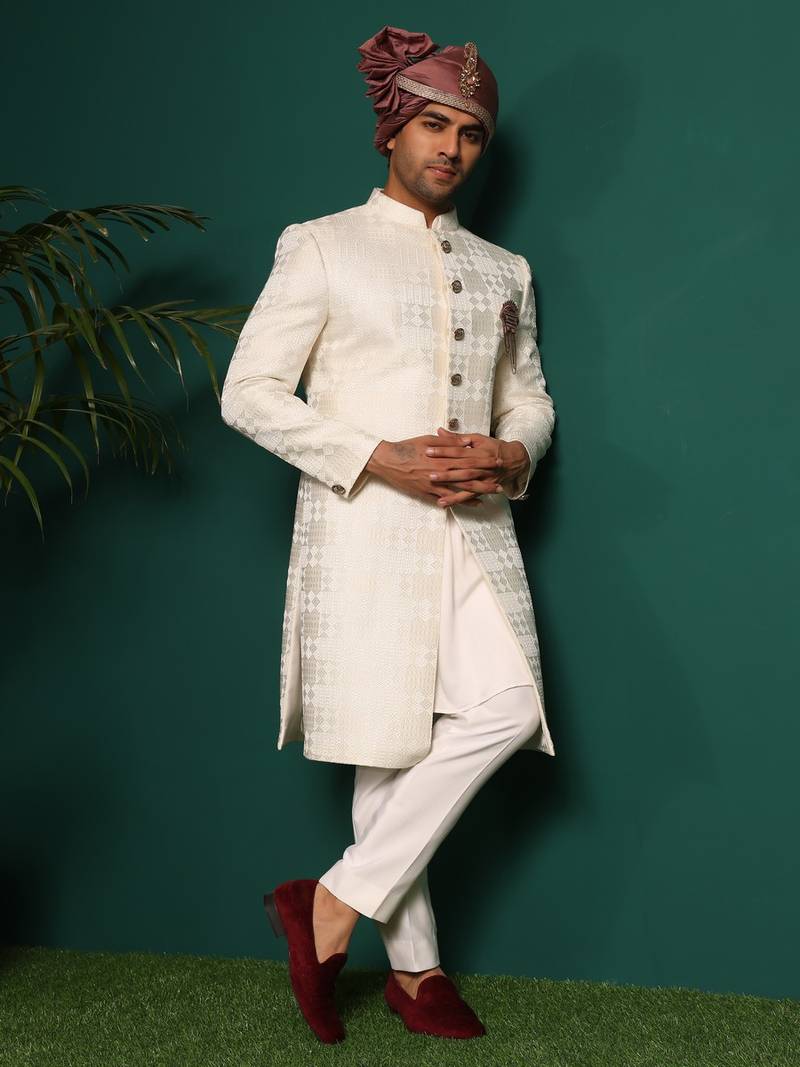 White silk embroidered sherwani