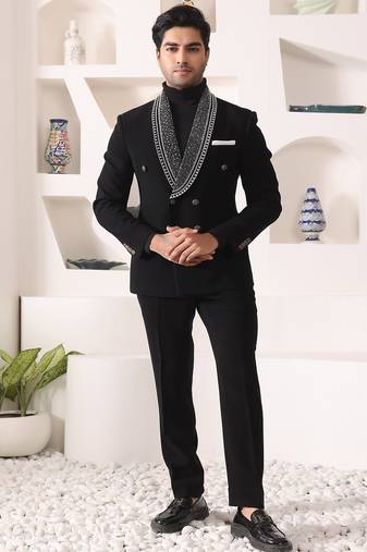 Black rayon embroidered tuxedo