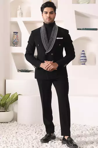 Black rayon embroidered tuxedo