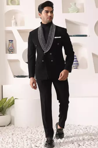 Black rayon embroidered tuxedo