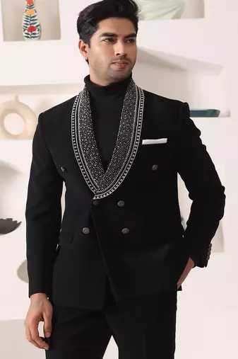 Black rayon embroidered tuxedo