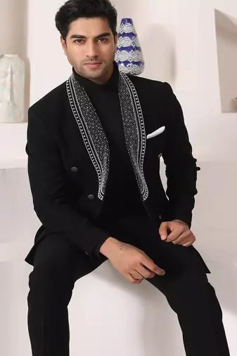 Black rayon embroidered tuxedo