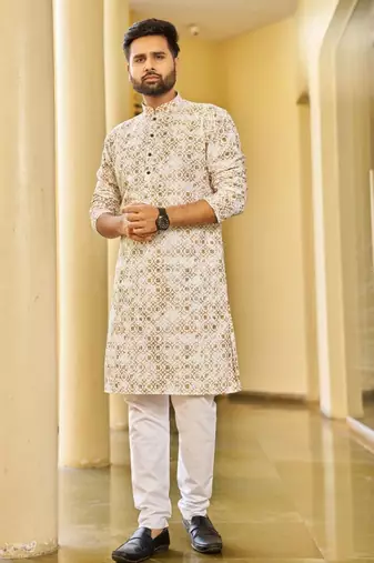 Cream golden schiffli chikan sequence work rayon kurta with cotton pajama