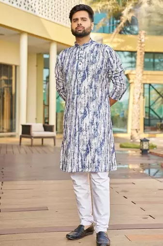 Blue white schiffli chikan sequence work rayon kurta with cotton pajama