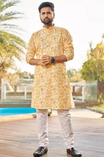 Yellow schiffli chikan sequence work rayon kurta with cotton pajama
