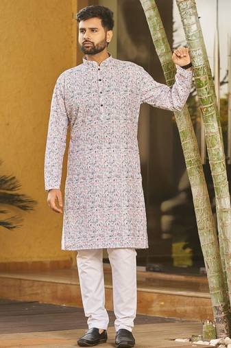 Pink schiffli chikan sequence work rayon kurta with cotton pajama