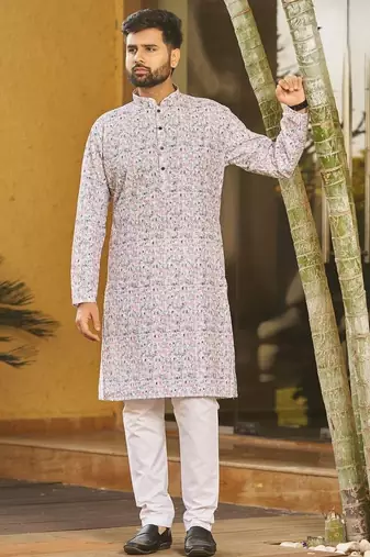 Pink schiffli chikan sequence work rayon kurta with cotton pajama