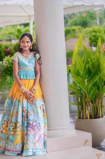 Alluring Heavy Chinon Silk Embroidery And Printed Sky Blue Readymade Lehenga Choli