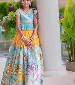Alluring Heavy Chinon Silk Embroidery And Printed Sky Blue Readymade Lehenga Choli