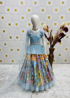 Alluring Heavy Chinon Silk Embroidery And Printed Sky Blue Readymade Lehenga Choli 2
