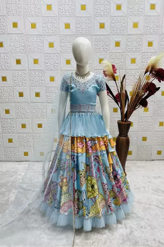 Alluring Heavy Chinon Silk Embroidery And Printed Sky Blue Readymade Lehenga Choli