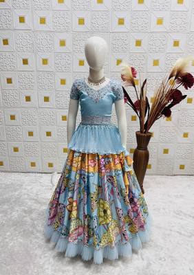 Alluring Heavy Chinon Silk Embroidery And Printed Sky Blue Readymade Lehenga Choli 3
