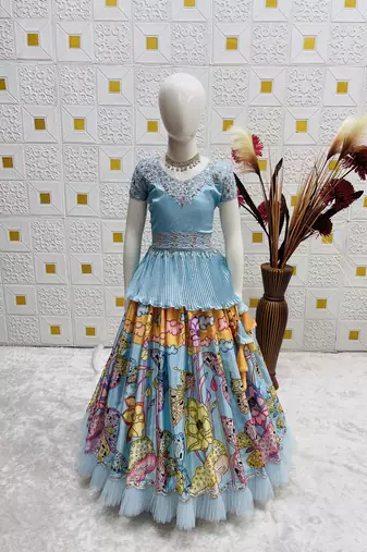 Alluring Heavy Chinon Silk Embroidery And Printed Sky Blue Readymade Lehenga Choli