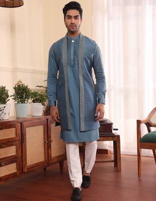 Blue cotton silk kurta jacket set 1